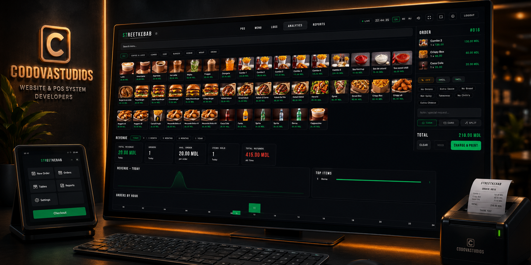Codova POS dashboard running on desktop with tablet and receipt printer
